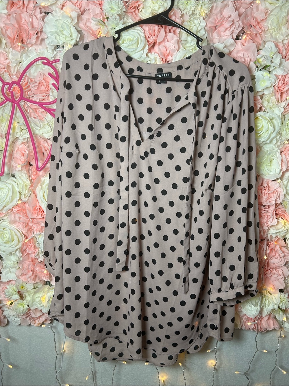 torrid Taupe Blouse with Black Polka Dots and Tie Neck